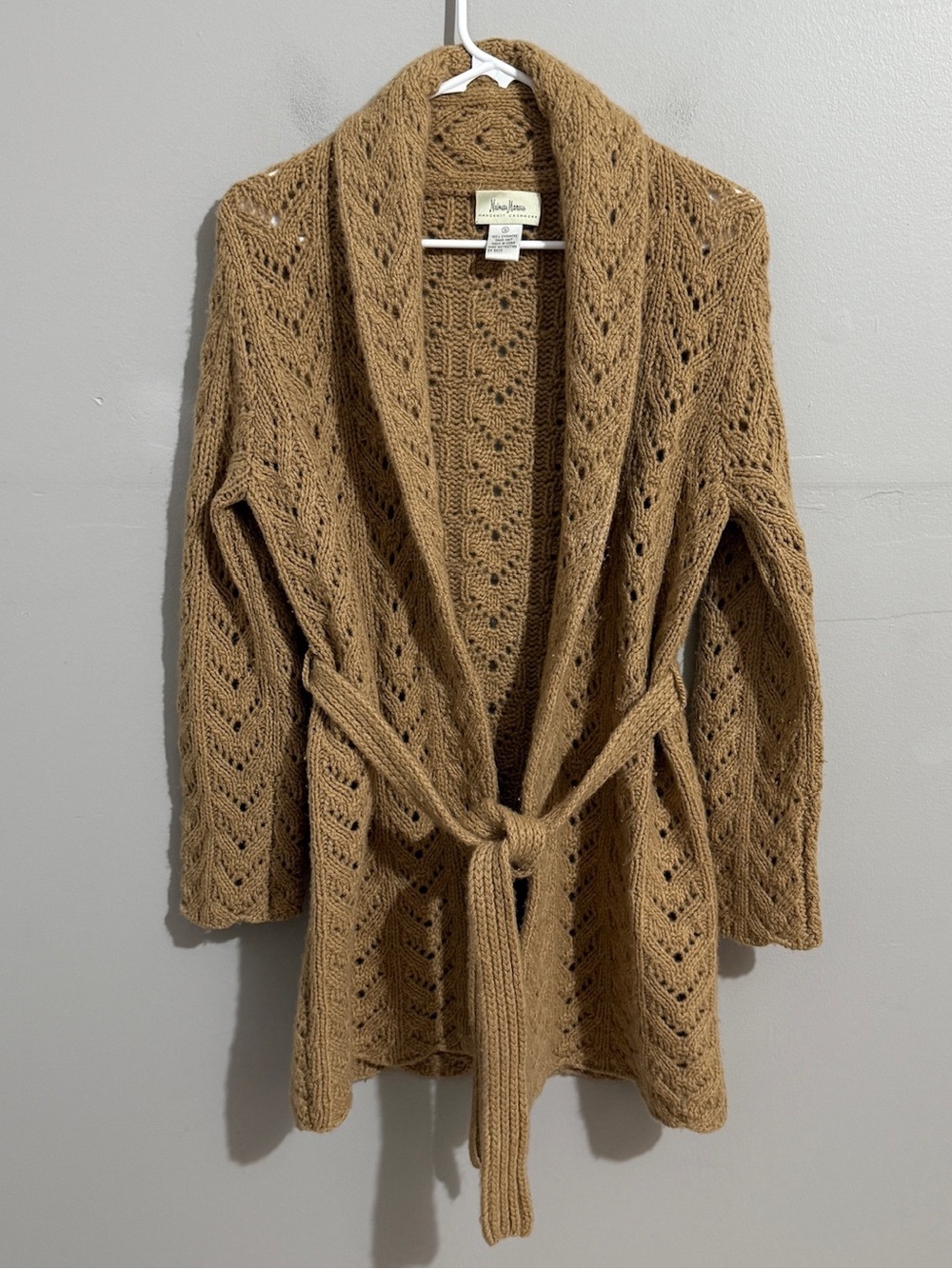 Neiman Marcus Womens S Cashmere Cardigan Sweater Belted Open Hand Knit Tan
